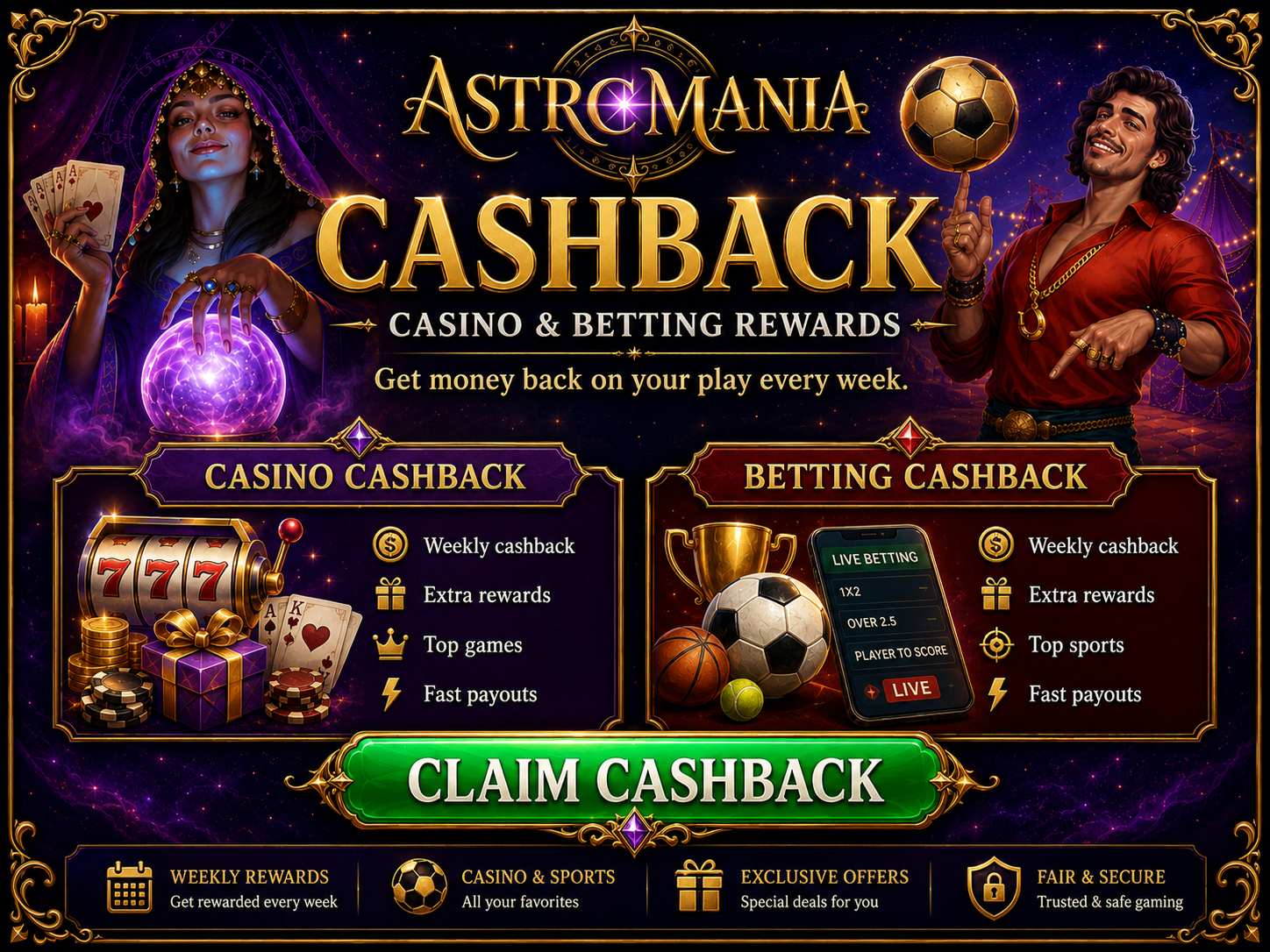 Astromania Cashback Bonuses - Daily Casino, Live Casino & Sports
