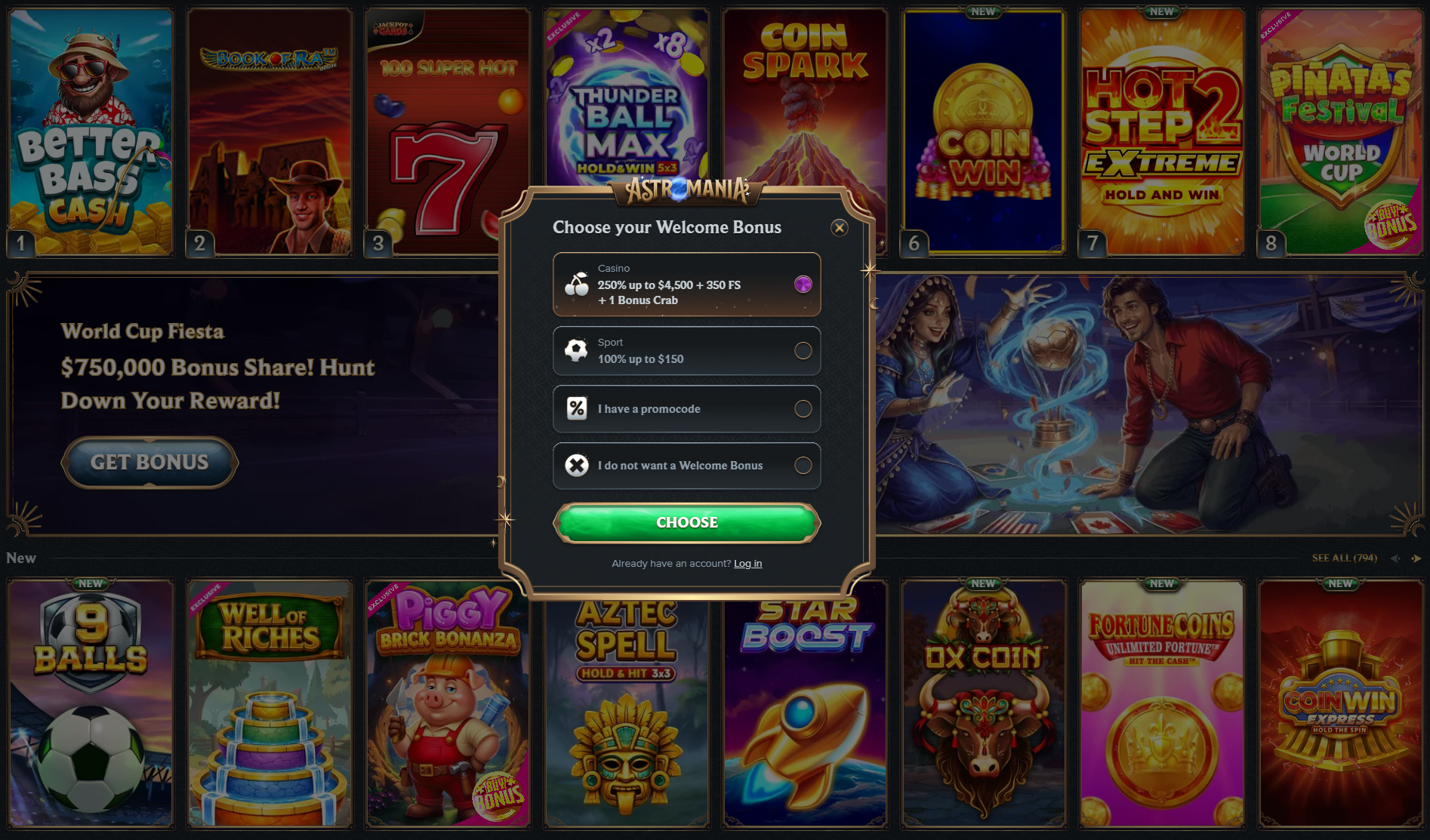 Astromania Casino Registration - Welcome Package 250% up to $4,500 + 350 Free Spins