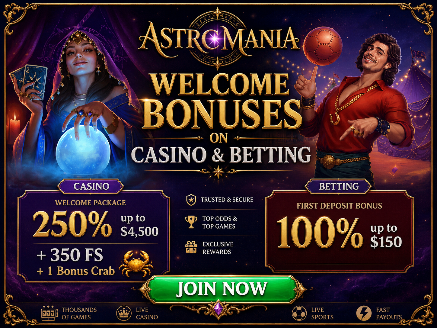 Astromania Welcome Bonus - Casino $4,500 + Sports $150 for New Players